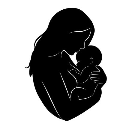 Breastfeeding mom silhouette. This image shows a mother holding and breastfeeding her baby in a tender embrace, depicted in a black and white silhouette style. Vector clipart illustration design.のイラスト素材