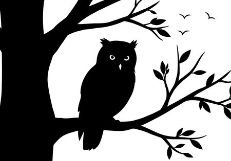 Owl in tree silhouette. This image shows a black silhouette of an owl perched on a tree branch with detailed leaves and a peaceful nighttime setting. Vector clipart illustration design.のイラスト素材