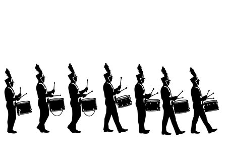 Drumline silhouette. This image shows a drumline of seven drummers in silhouette, marching in formation, also known as a percussion band or parade performers. Vector clipart illustration design.のイラスト素材