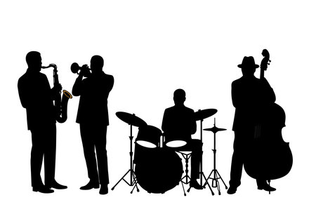 Jazz band silhouette. This image shows a black silhouette of a jazz band featuring musicians playing saxophone, trumpet, drums, and bass, performing in an ensemble. Vector clipart illustration design.のイラスト素材