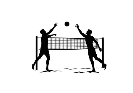 Beach volleyball silhouette. This image shows two players in action at a beach volleyball game, with a net and ball in the center, representing a competitive sport. Vector clipart illustration design.のイラスト素材