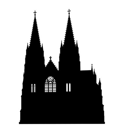 Cathedral silhouette. This image shows a cathedral silhouette with two tall spires, crosses, and detailed windows, also known as a gothic church or religious landmark. Vector clipart illustration design.のイラスト素材