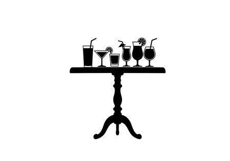 Silhouette drink table. This image shows a silhouette of various drinks on a table, including cocktails and beverages with straws and garnishes. Vector clipart illustration design.のイラスト素材