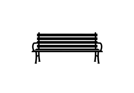 Park bench silhouette. This image shows a black silhouette of a park bench with horizontal slats and curved armrests, also known as an outdoor seating structure. Vector clipart illustration design.のイラスト素材