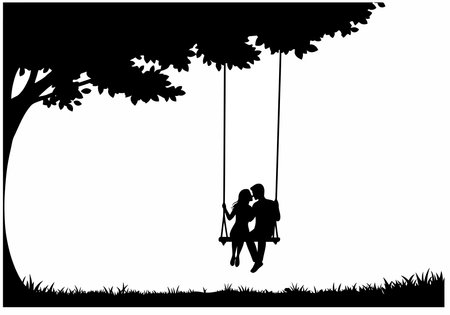Couple on swing silhouette. This image shows a couple sitting on a swing under a tree, kissing, and enjoying a peaceful moment together. Vector clipart illustration design.のイラスト素材