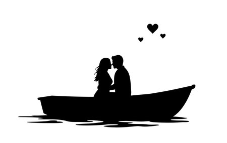 Couple in boat silhouette. This image depicts a couple in a boat, silhouetted against a scenic backdrop, symbolizing love and togetherness. Vector clipart illustration design.のイラスト素材