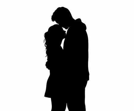 Romantic couple silhouette. This image shows a black silhouette of a couple embracing and kissing, highlighting themes of love and intimacy. Vector clipart illustration design.のイラスト素材