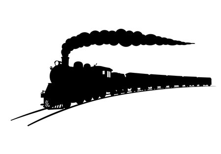 Steam train silhouette. This image shows a vintage steam-powered locomotive in a detailed black silhouette, highlighting its wheels, smokestack, and rail tracks. Vector clipart illustration design.のイラスト素材