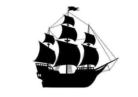 Pirate ship silhouette. This image shows a black silhouette of a pirate ship with multiple sails and masts, also known as a galleon or frigate. Vector clipart illustration design.のイラスト素材