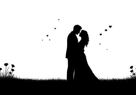 Romantic silhouette. This image features a couple kissing in a field with hearts floating around them, symbolizing love, intimacy, and affection. Vector clipart illustration design.のイラスト素材
