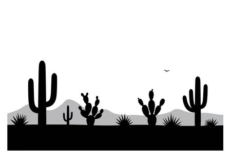 Cactus landscape silhouette. This image shows a desert scene with various cacti and mountains in the background, featuring a bird in the sky. Vector clipart illustration design.のイラスト素材