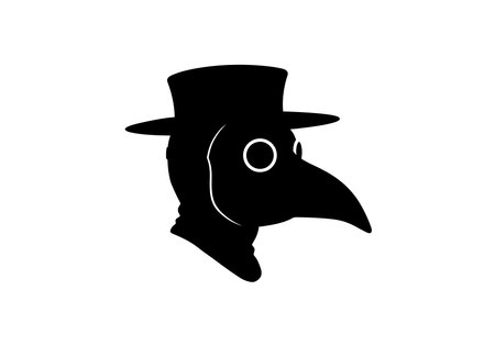 Plague doctor mask silhouette. This image shows a black and white design of a person wearing a plague doctor mask, a historical medical costume with a beak-like mask. Vector clipart illustration design.のイラスト素材