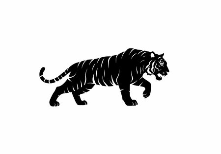 Tiger silhouette. This image shows a black silhouette of a tiger with sharp, jagged rays emanating from a central circle, resembling a sunburst pattern. Vector clipart illustration design.のイラスト素材
