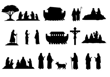 Biblical silhouettes. This image shows a black and white design of religious figures and symbols, depicting scenes from Christian beliefs and traditions. Vector clipart illustration design.のイラスト素材