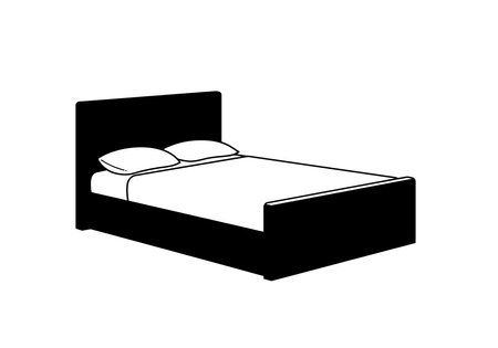 Bed silhouette. This image shows a black and white design of a standard bed with a mattress and pillows, symbolizing comfort, rest, and bedroom furniture. Vector clipart illustration design.のイラスト素材