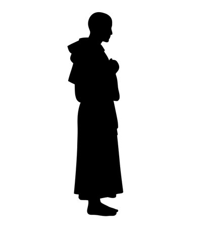 Monk silhouette. This image shows a black and white design of a meditative monk, symbolizing spirituality, wisdom, and peaceful contemplation. Vector clipart illustration design.のイラスト素材