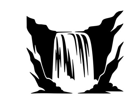 Waterfall silhouette. This image is a black and white silhouette of a waterfall cascading down rocks. Vector clipart illustration design.のイラスト素材