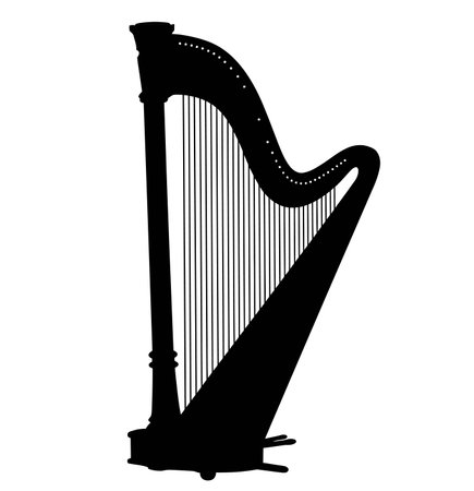 Harp silhouette. This image shows a black silhouette of a harp, a classical stringed instrument, depicted in a detailed and artistic style. Vector clipart illustration design.のイラスト素材