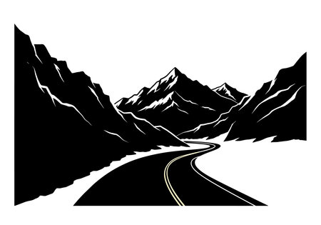 Mountain road silhouette. This image features a black silhouette of a winding road through mountains, with sharp peaks against a clear sky. Vector clipart illustration design.のイラスト素材