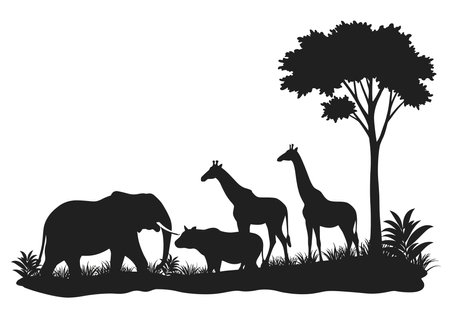 Jungle animals silhouette. This image shows black outlines of an elephant, giraffes, and a rhino under a tree. Vector clipart illustration design.のイラスト素材