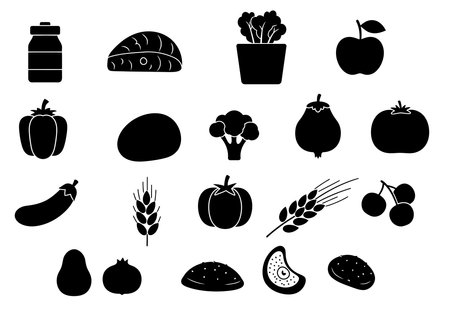 Diet silhouette. This image shows black food item outlines: fruits, vegetables, grains, and protein sources for healthy eating. Vector clipart illustration design.のイラスト素材