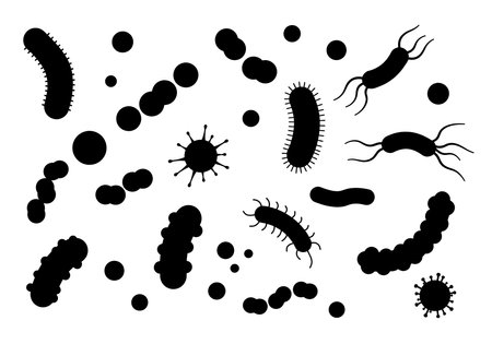Germs silhouette. This image shows black microbe outlines, including bacteria and viruses, representing pathogens. Vector clipart illustration design.のイラスト素材