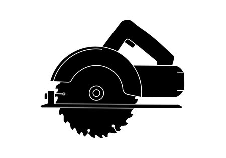 Circular saw silhouette. This image shows a black circular saw outline, a power tool for cutting wood. Vector clipart illustration design.のイラスト素材
