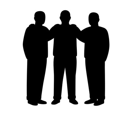 Friendship silhouette. This image shows a black outline of three men with arms around each other, symbolizing camaraderie. Vector clipart illustration design.のイラスト素材