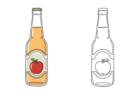 Apple cider drawing. It is a black and white outline image of a mug filled with apple cider, garnished with a slice and cinnamon stick. Vector sketch line art draw.のイラスト素材