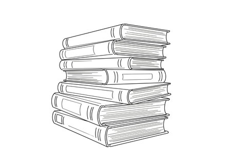 Books stacked drawing. It is a black and white outline image depicting a tall stack of books, symbolizing knowledge and education. Vector sketch line art draw.のイラスト素材