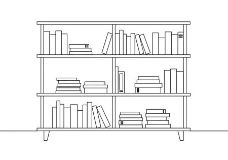 Book shelf drawing. It is a black and white outline image of a bookshelf filled with various books, depicting a library or personal collection. Vector sketch line art draw.のイラスト素材