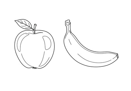 Apple and banana drawing. It is a black and white outline image featuring a single apple and a banana, common healthy fruits. Vector sketch line art draw.のイラスト素材