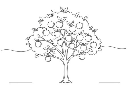 Tree with apple drawing. It is a black and white outline image of an apple tree laden with numerous fruits and leaves. Vector sketch line art draw.のイラスト素材