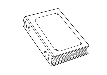 Book cover drawing. It is a black and white outline image of a closed book with a decorative framed cover, depicting a classic novel or textbook. Vector sketch line art draw.のイラスト素材