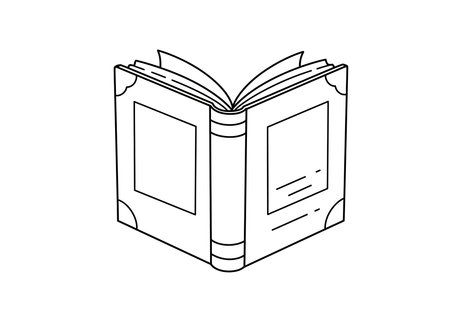 Book cartoon drawing. It is a black and white outline image of an open book, rendered in a simple, iconic, cartoon style. Vector sketch line art draw.のイラスト素材