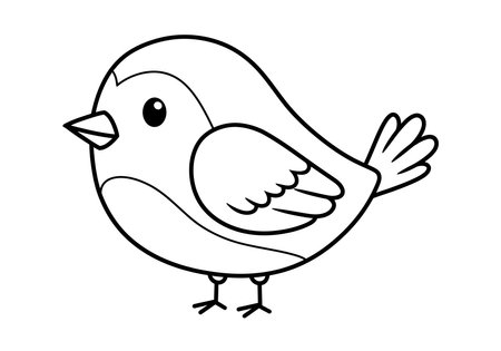 Bird cartoon drawing. This black and white outline features a cute cartoon bird, perfect for coloring or as a simple, charming animal illustration. Vector sketch line art draw.のイラスト素材