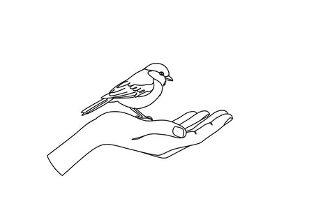 Bird in hand drawing. This black and white outline illustrates a small bird gently held in a human hand, symbolizing care, trust, or possession. Vector sketch line art draw.のイラスト素材