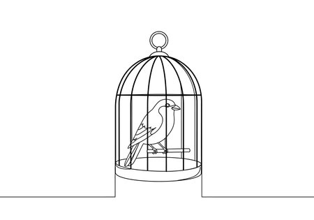 Bird in a cage drawing. This black and white outline depicts a small bird perched inside a cage, symbolizing captivity, confinement, or a pet bird. Vector sketch line art draw.のイラスト素材