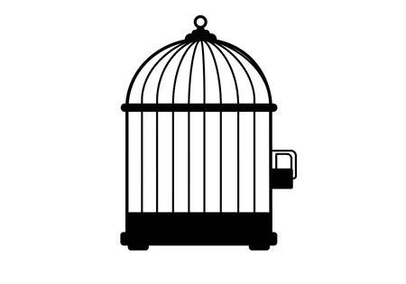 Bird cage drawing. This black silhouette depicts a classic bird cage, an empty container with bars and a domed top, often symbolizing confinement or home. Vector sketch line art draw.のイラスト素材