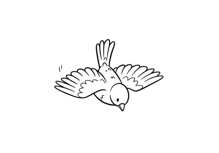 Falling bird drawing. This black and white outline depicts a cute bird in a dynamic falling or descending motion with outstretched wings. Vector sketch line art draw.のイラスト素材