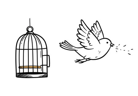 Freedom bird cage drawing. This black and white outline depicts a bird flying out of an open birdcage, symbolizing freedom and escape. Vector sketch line art draw.のイラスト素材