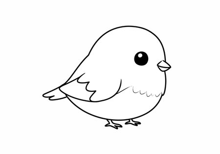 Chibi bird drawing. This black and white outline features a cute and plump "chibi" style bird, designed with a simplified, adorable aesthetic. Vector sketch line art draw.のイラスト素材