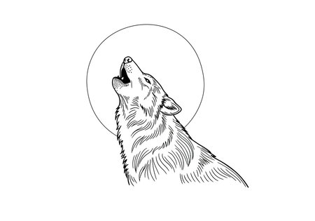 Wolf howling moon drawing. This image depicts a wolf howling at the moon, a classic and symbolic scene of the wild canine's nocturnal vocalization under the moonlight. Vector sketch line art draw.のイラスト素材