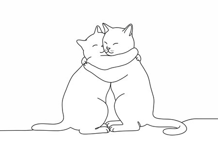 Cats hugging drawing. It is a black and white outline image of two felines embracing, a sweet depiction of cats hugging, symbolizing their affection and closeness. Vector sketch line art draw.のイラスト素材