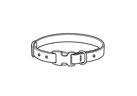 Cat collar drawing. It is a black and white outline image of a pet accessory, a band worn around an animal's neck, typically for identification or control. Vector sketch line art draw.のイラスト素材