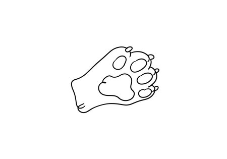 Cat foot drawing. It is a black and white outline image of a feline paw, showcasing the soft pads and delicate structure, characteristic of a cat's foot. Vector sketch line art draw.のイラスト素材