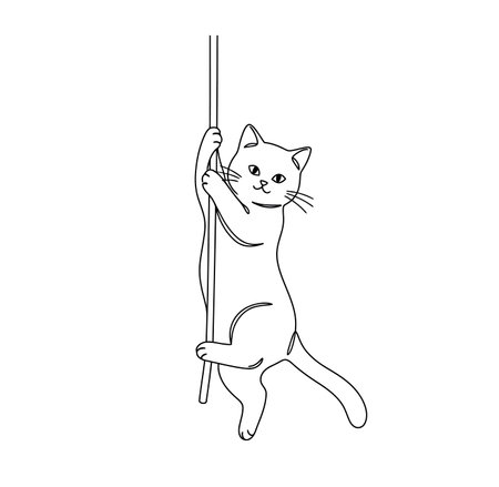 Cat hanging drawing. It is a black and white outline image of a playful feline, a cute cat hanging onto a vertical pole, showing agility. Vector sketch line art draw.のイラスト素材