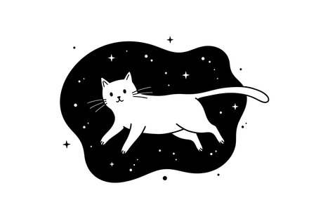 Cat in space drawing. It is a black and white outline image of a whimsical feline, a cute cat floating among stars, representing a cosmic adventure. Vector sketch line art draw.のイラスト素材