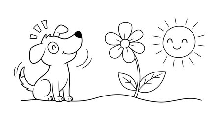 Cartoon drawing. It is a simple, black and white outline sketch of a happy dog, a flower, and a smiling sun. Vector sketch line art draw.のイラスト素材