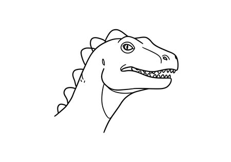Dino head drawing. It is a black and white outline image of a dinosaur's head, possibly a theropod like an Allosaurus, with sharp teeth. Vector sketch line art draw.のイラスト素材